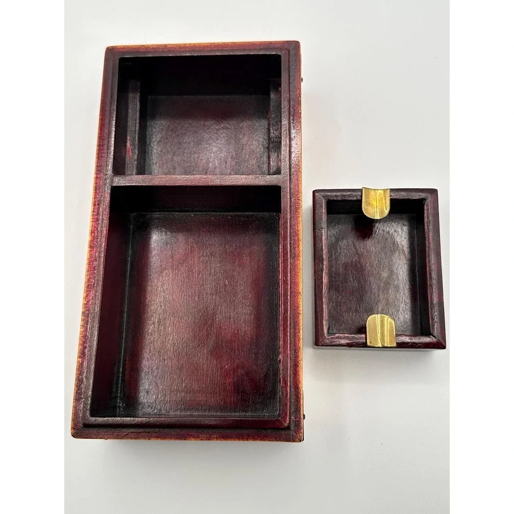 Vintage Wooden Jewelry Box Carved Stone Medallion  Keepsake Storage